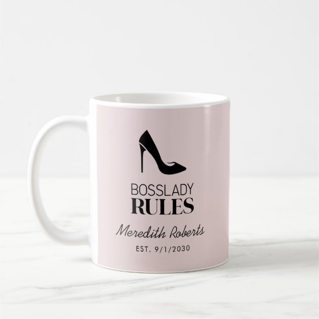 Boss Lady Stiletto Logo Blush Personalised Coffee Mug (Left)