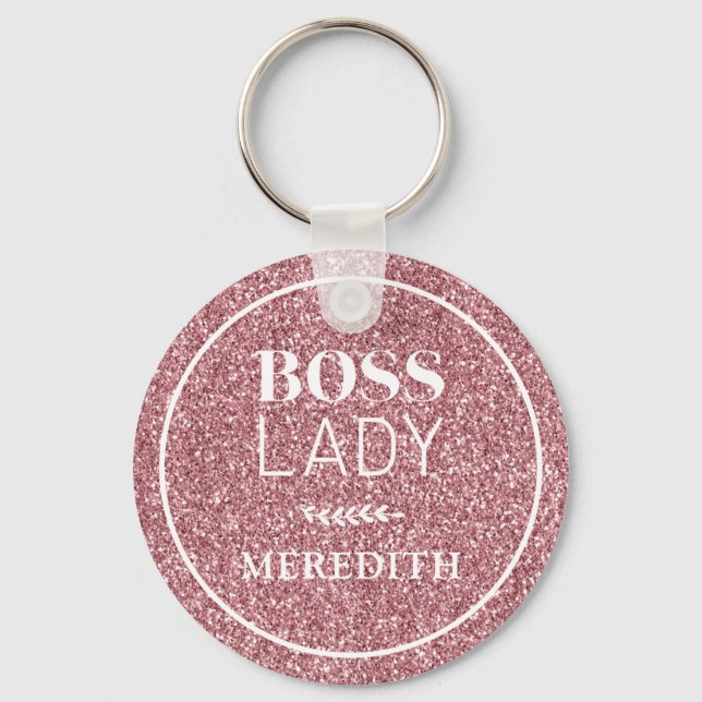Boss Lady Trendy Girly Pink Glitter Personalised Key Ring (Front)