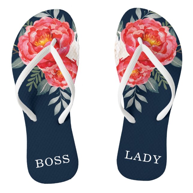 BOSS LADY / Vintage Botanical Red Floral Peonies Flip Flops (Footbed)