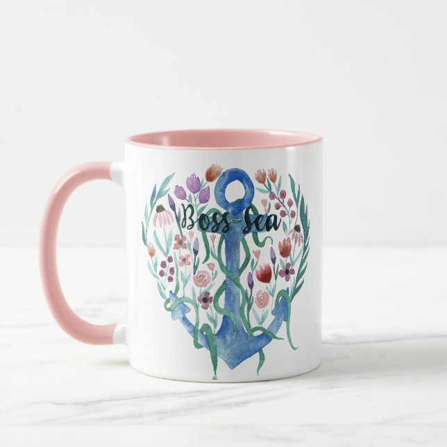 Boss Sea Quote Anchor Flowers Leaves Watercolor Mug (Left)