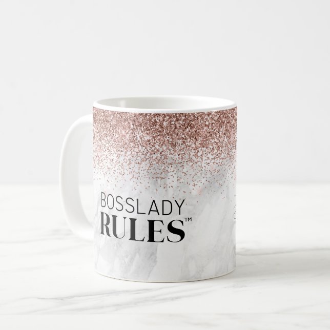 BossLady Rules Logo Rose Gold Glitter Marble Name Coffee Mug (Front Left)
