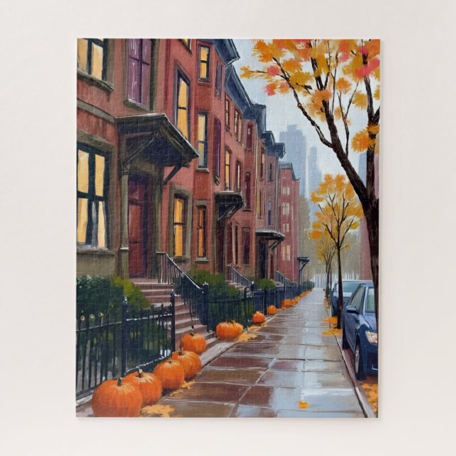 Boston Autumn Brownstones Pumpkin Watercolor Jigsaw Puzzle (Vertical)