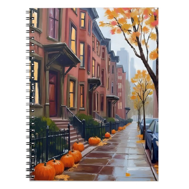 Boston Autumn Brownstones Pumpkin Watercolor Notebook (Front)