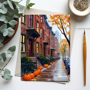 Boston Autumn Brownstones Pumpkin Watercolor Postcard