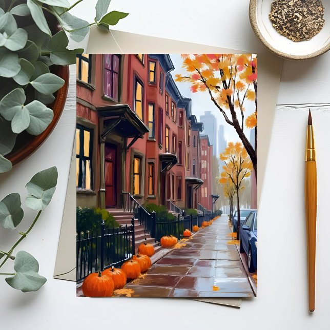Boston Autumn Brownstones Pumpkin Watercolor Postcard (Creator Uploaded)