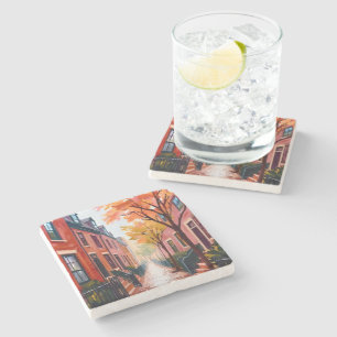 Boston Autumn Watercolor Beacon Hill Massachusetts Stone Coaster