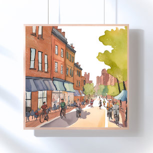Boston Bike Ride   North End Watercolor MA Poster