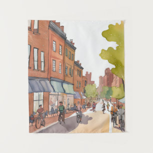 Boston Bike Ride   North End Watercolor MA Tapestry