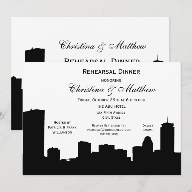 Boston Black Skyline Silhouette Rehearsal Dinner Invitation (Front/Back)