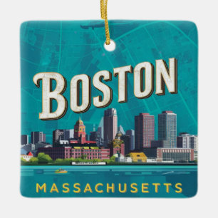 Boston, Boston Massachusetts City Skyline With Map Ceramic Ornament