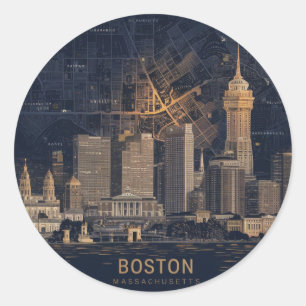 Boston, Boston Massachusetts City Skyline With Map Classic Round Sticker
