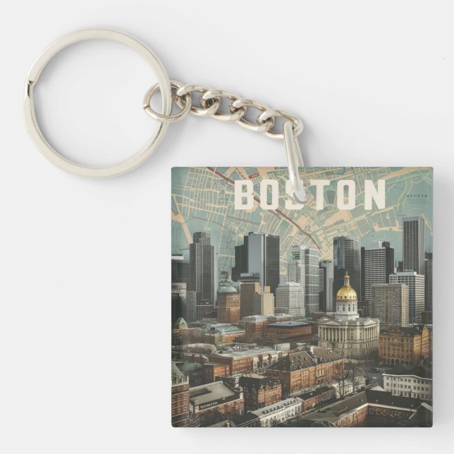Boston, Boston Massachusetts City Skyline With Map Key Ring (Front)