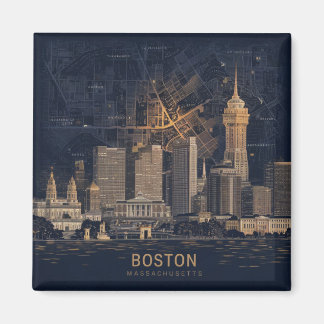 Boston, Boston Massachusetts City Skyline With Map Magnet