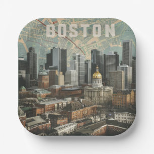 Boston, Boston Massachusetts City Skyline With Map Paper Plate