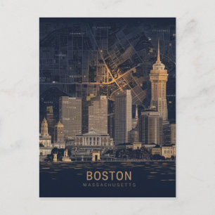 Boston, Boston Massachusetts City Skyline With Map Postcard