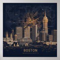 Boston, Boston Massachusetts City Skyline With Map