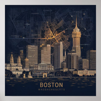 Boston, Boston Massachusetts City Skyline With Map Poster