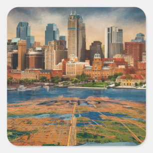 Boston, Boston Massachusetts City Skyline With Map Square Sticker