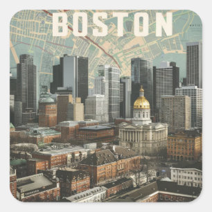 Boston, Boston Massachusetts City Skyline With Map Square Sticker
