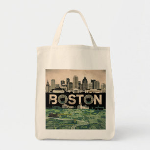 Boston, Boston Massachusetts City Skyline With Map Tote Bag