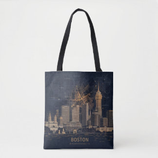 Boston, Boston Massachusetts City Skyline With Map Tote Bag