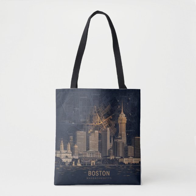 Boston, Boston Massachusetts City Skyline With Map Tote Bag (Front)