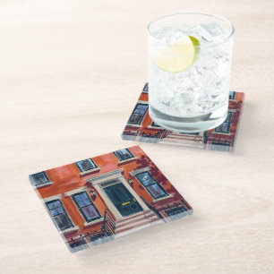 Boston Brownstones Massachusetts Watercolor Glass Coaster