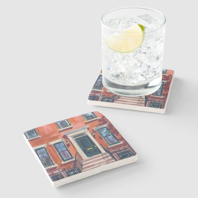 Boston Brownstones Massachusetts Watercolor Stone Coaster (Side)