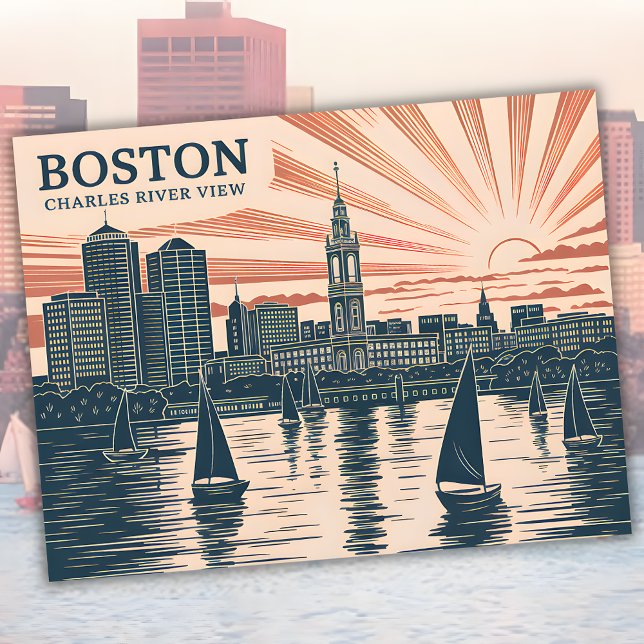 Boston Charles River Sailboats Skyline Art Vintage Postcard (Boston Charles River Sailboats Skyline Art Vintage Postcard)