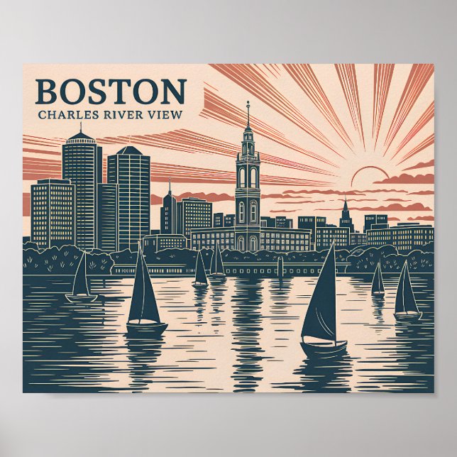 Boston Charles River Sailboats Skyline Art Vintage Poster (Front)