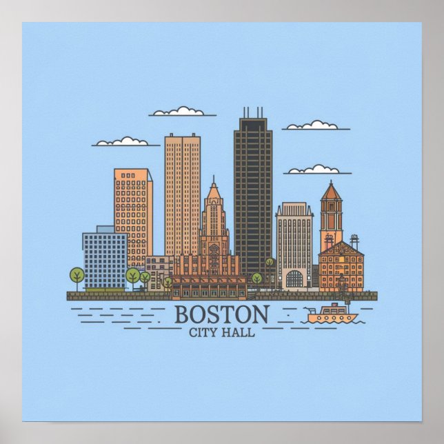Boston City Skyline, boston ma skyline Poster (Front)
