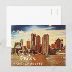 Boston City Skyline Massachusetts Vintage Painting Postcard