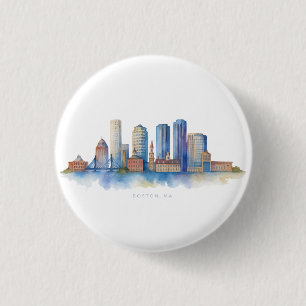 Boston City Skyline Watercolor   Modern Boston MA  3 Cm Round Badge