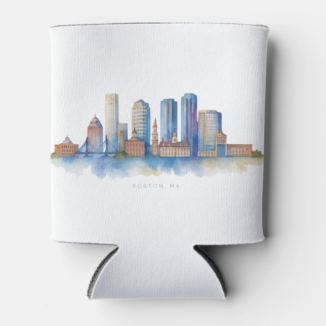 Boston City Skyline Watercolor | Modern Boston MA  Can Cooler (Front)
