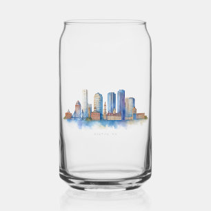 Boston City Skyline Watercolor   Modern Boston MA  Can Glass