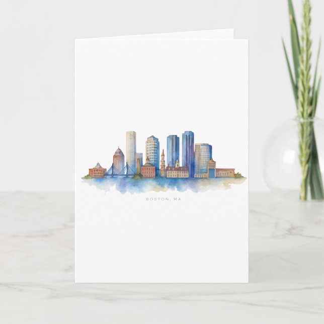 Boston City Skyline Watercolor | Modern Boston MA  Card (Front)