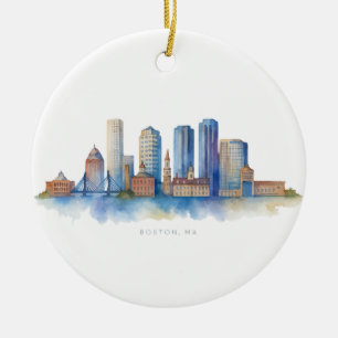 Boston City Skyline Watercolor   Modern Boston MA  Ceramic Tree Decoration