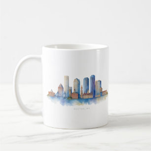 Boston City Skyline Watercolor   Modern Boston MA  Coffee Mug