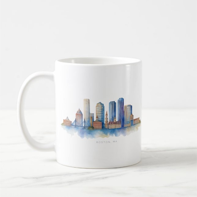 Boston City Skyline Watercolor | Modern Boston MA  Coffee Mug (Left)