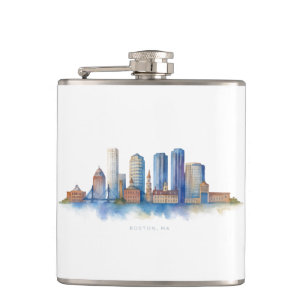 Boston City Skyline Watercolor Modern Boston MA Hip Flask