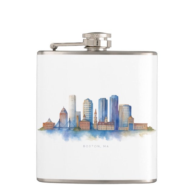 Boston City Skyline Watercolor | Modern Boston MA  Hip Flask (Front)