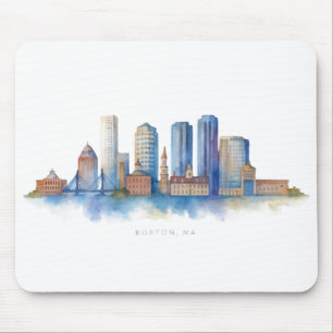 Boston City Skyline Watercolor   Modern Boston MA  Mouse Mat