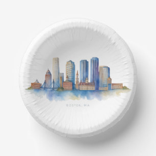 Boston City Skyline Watercolor Modern Boston MA Paper Plate