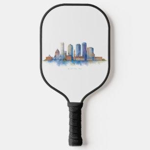 Boston City Skyline Watercolor   Modern Boston MA  Pickleball Paddle