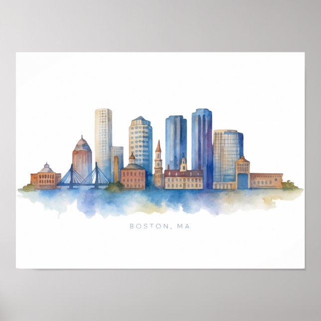 Boston City Skyline Watercolor | Modern Boston MA  Poster (Front)