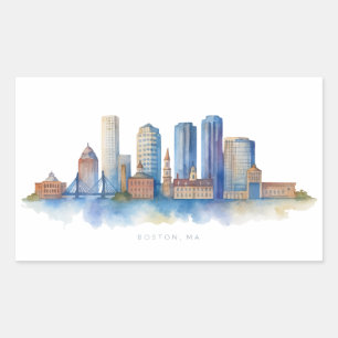Boston City Skyline Watercolor Modern Boston MA Rectangular Sticker