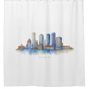 Boston City Skyline Watercolor   Modern Boston MA  Shower Curtain