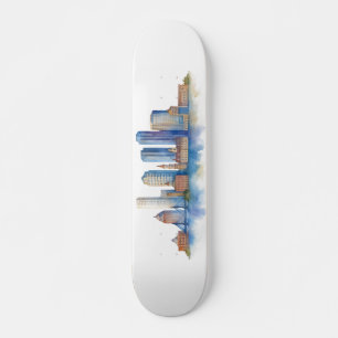 Boston City Skyline Watercolor   Modern Boston MA  Skateboard