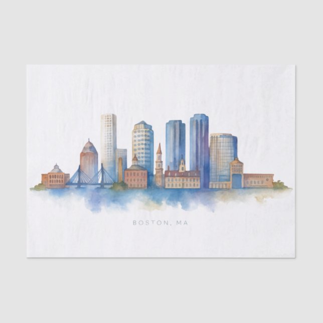 Boston City Skyline Watercolor | Modern Boston MA  Tissue Paper (Front)