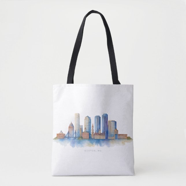 Boston City Skyline Watercolor | Modern Boston MA  Tote Bag (Front)